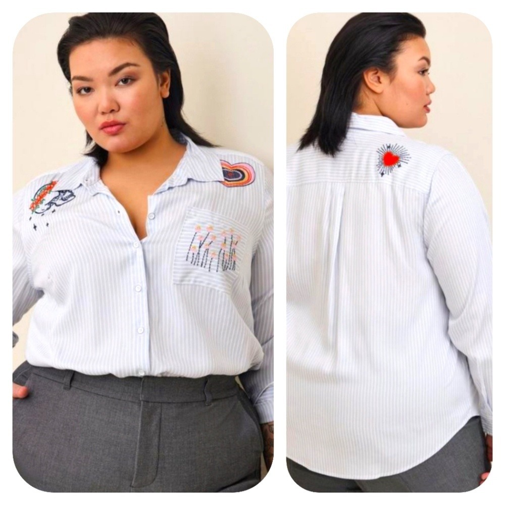 Torrid Lizzie Striped Button Up Shirt Skull Heart Embroidered Plus Size 3X Rock